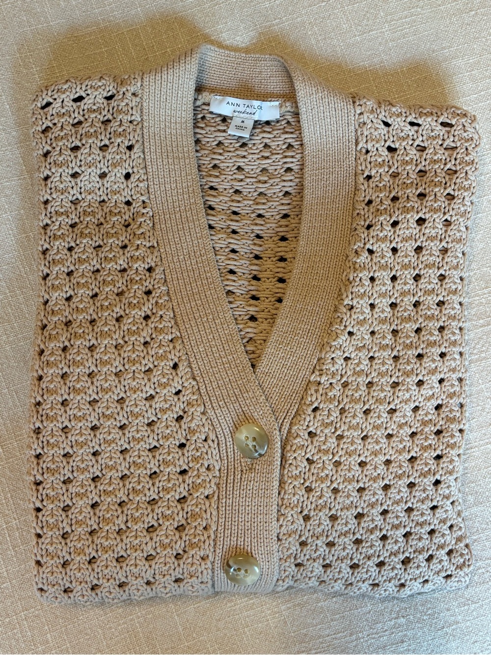 Ann Taylor Weekend Crochet V-neck Boyfriend Cardigan, size M.